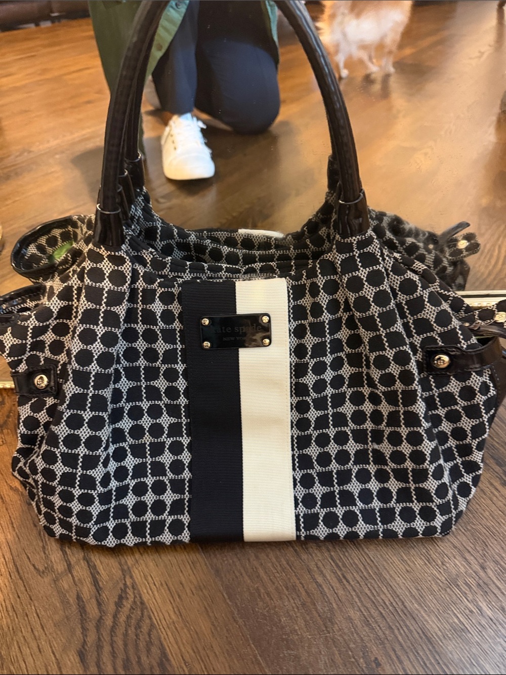 kate spade Black and White Patterned Shoulder Bag with Center Stripe